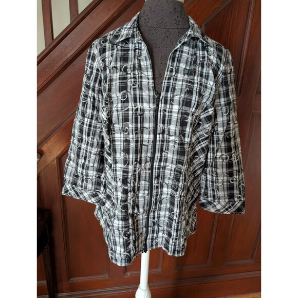 Christopher Banks Black & White Plaid Zip-Up Shirt  Embroidered Swirls Womens L - Picture 1 of 8